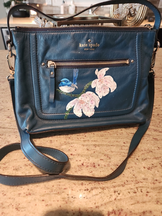 kate spade Handbags - kate spade Teal Blue Leather Crossbody with Hand-Painted Floral & Bird